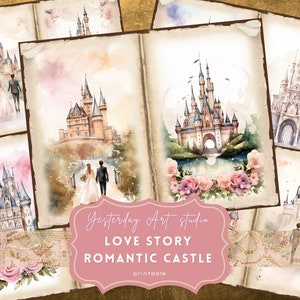 Pages de journal indésirable château romantique éphémères kit de papier pour scrapbooking numérique collage Kit journal indésirable château de conte de fées histoire d'amour château intemporelle