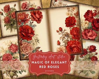 ヴィンテージの赤いバラ、ダブルジャンクジャーナルのデジタルページ