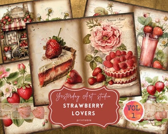 Vintage Strawberry Junk Journal Páginas Strawberry Dream Folio Digital Scrapbook Papel Vintage Ephemera Collage Strawberry Junk Journal Kit