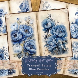 Blue Peonies Junk Journal Pages Digital Scrapbook Paper Kit Vintage Ephemera Collage Peony Junk Journal Kit Flower journal pages
