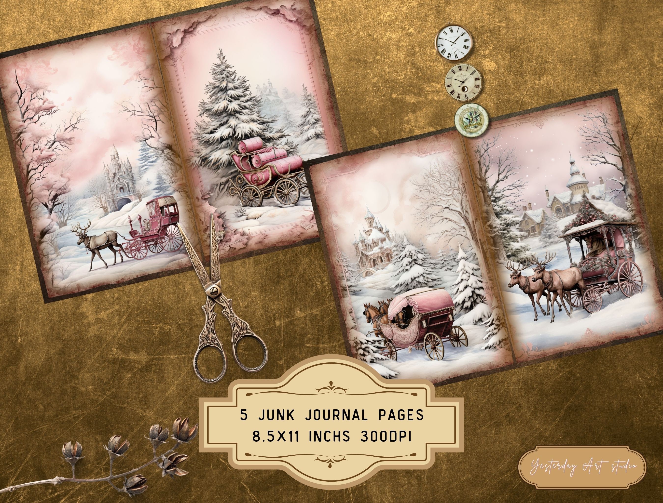 Pink Christmas Junk Journal Pages Ephemera Digital Scrapbook Paper Kit ...