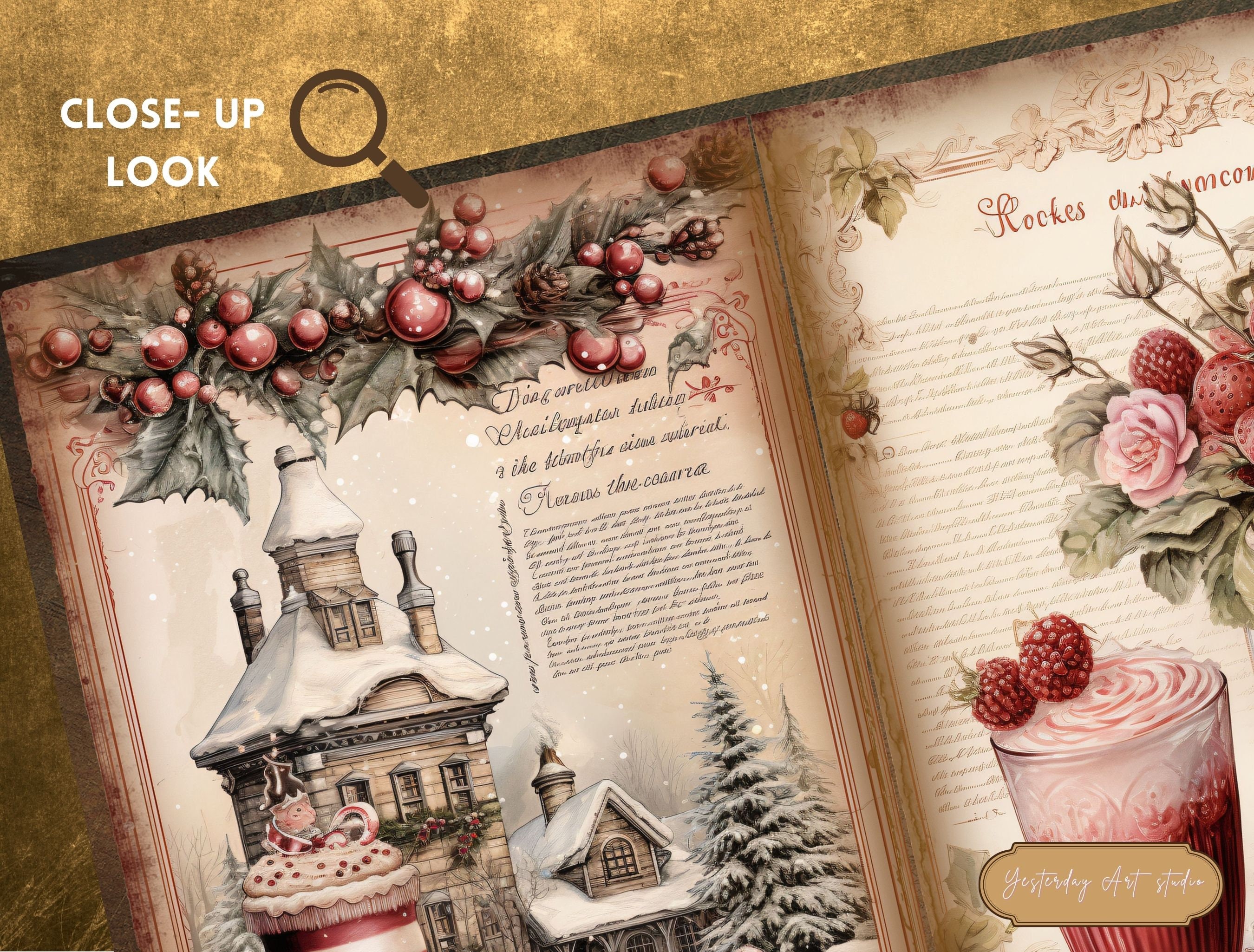 Pink Christmas Junk Journal Pages Ephemera Digital Scrapbook Paper Kit ...