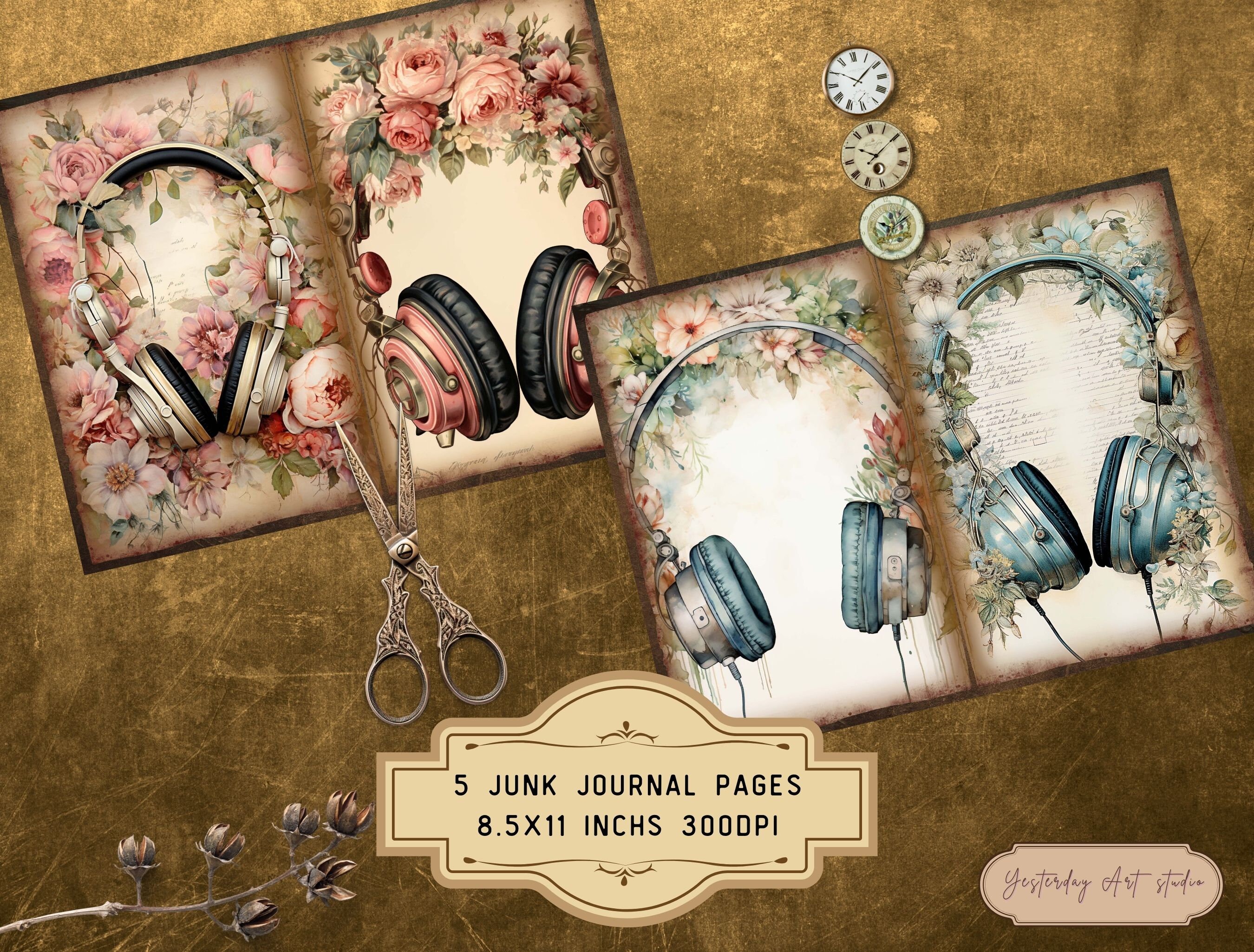 Headphone Junk Journal Pages Ephemera Digital Scrapbook Paper Kit ...