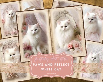 猫のジャンクジャーナルポケベルデジタルスクラップブックペーパーキットエフェメラ天体ジャンクジャーナル印刷可能なコラージュ猫のジャンクジャーナルキット印刷可能なホワイト