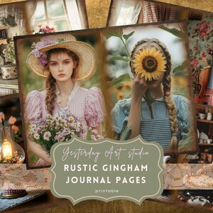 Shabby Floral Gingham Junk Journal Kit, Vintage Cottagecore Ephemera, Printable Scrapbook Paper & Clipart gingham digital kit trifold folio