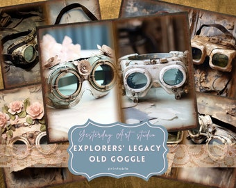 Old Goggle Junk Journal Pages Ephemera Digital Scrapbook Paper Kit Collage Vintage Goggle Junk Journal Kit Vintage Voyages Explorer Goggle