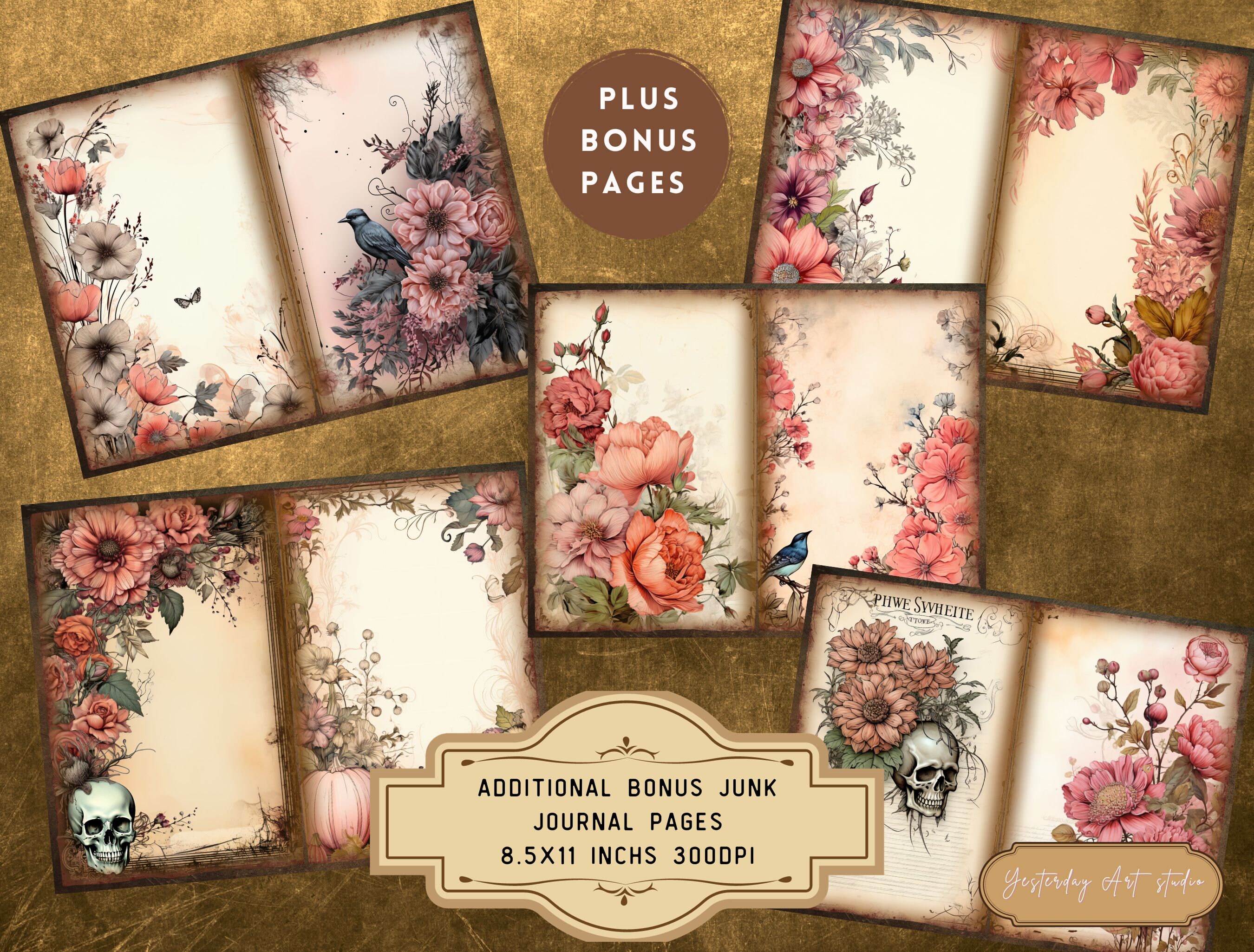 Pink Halloween Junk Journal Pages Digital Scrapbook Paper Kit Vintage ...