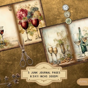 Peut inclure: Cinq pages de journal de rebut imprimables avec des illustrations de style vintage de verres &agrave; vin et de bouteilles, de raisins et de fleurs. Les pages mesurent 8,5 x 11 pouces et 300 DPI.