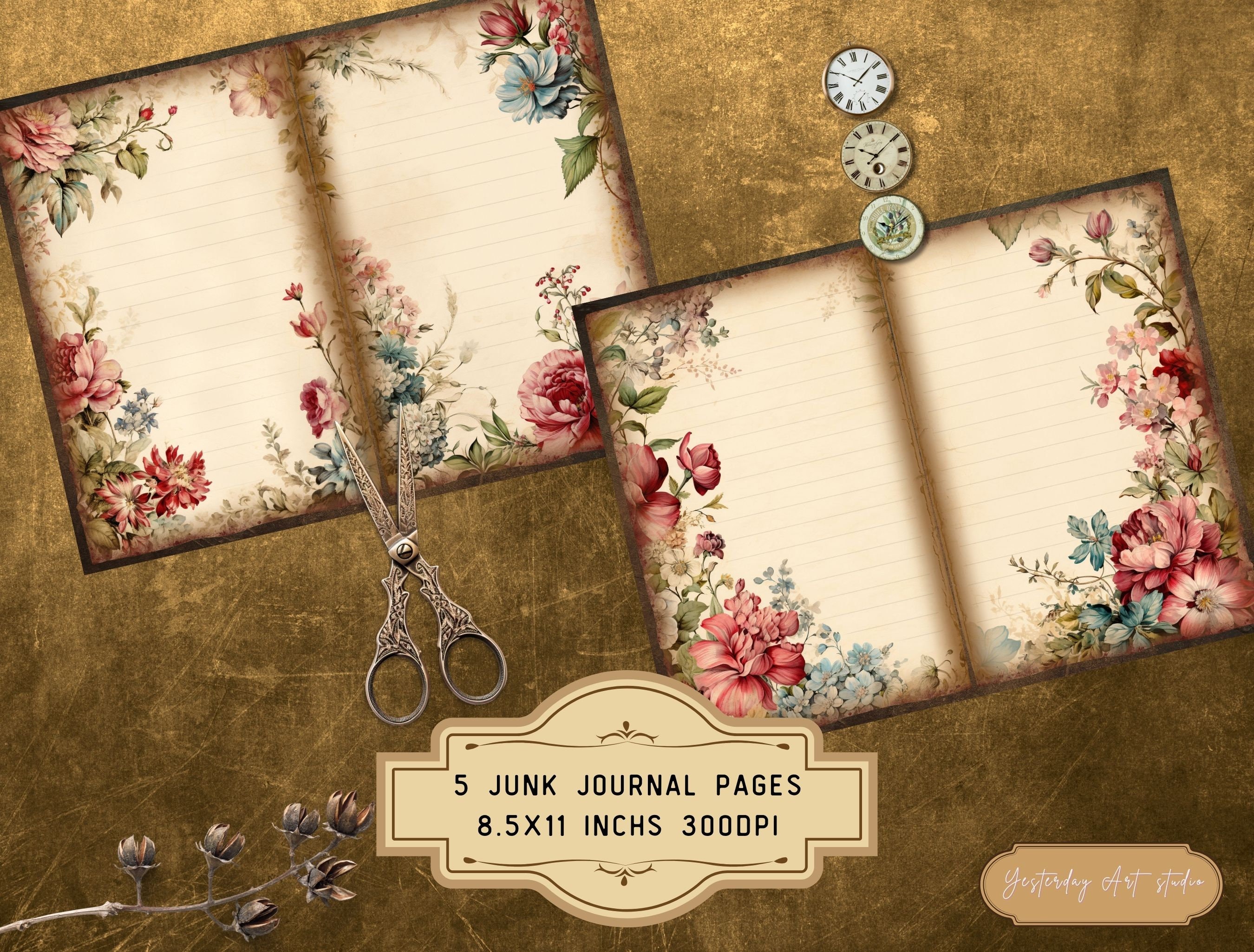 Vintage Floral Journal Pages Shabby Junk Journal Kit Line Blank Papers ...