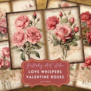Valentine Roses Junk Journal Page Ephemera Digital Scrapbook Valentine Paper Kit Collage Valentines Junk Journal Kit Papel del Día de San Valentín