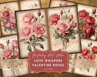 Valentine Roses Junk Journal Page Ephemera Digital Scrapbook Valentine Paper Kit Collage Valentines Junk Journal Kit Valentines Day paper
