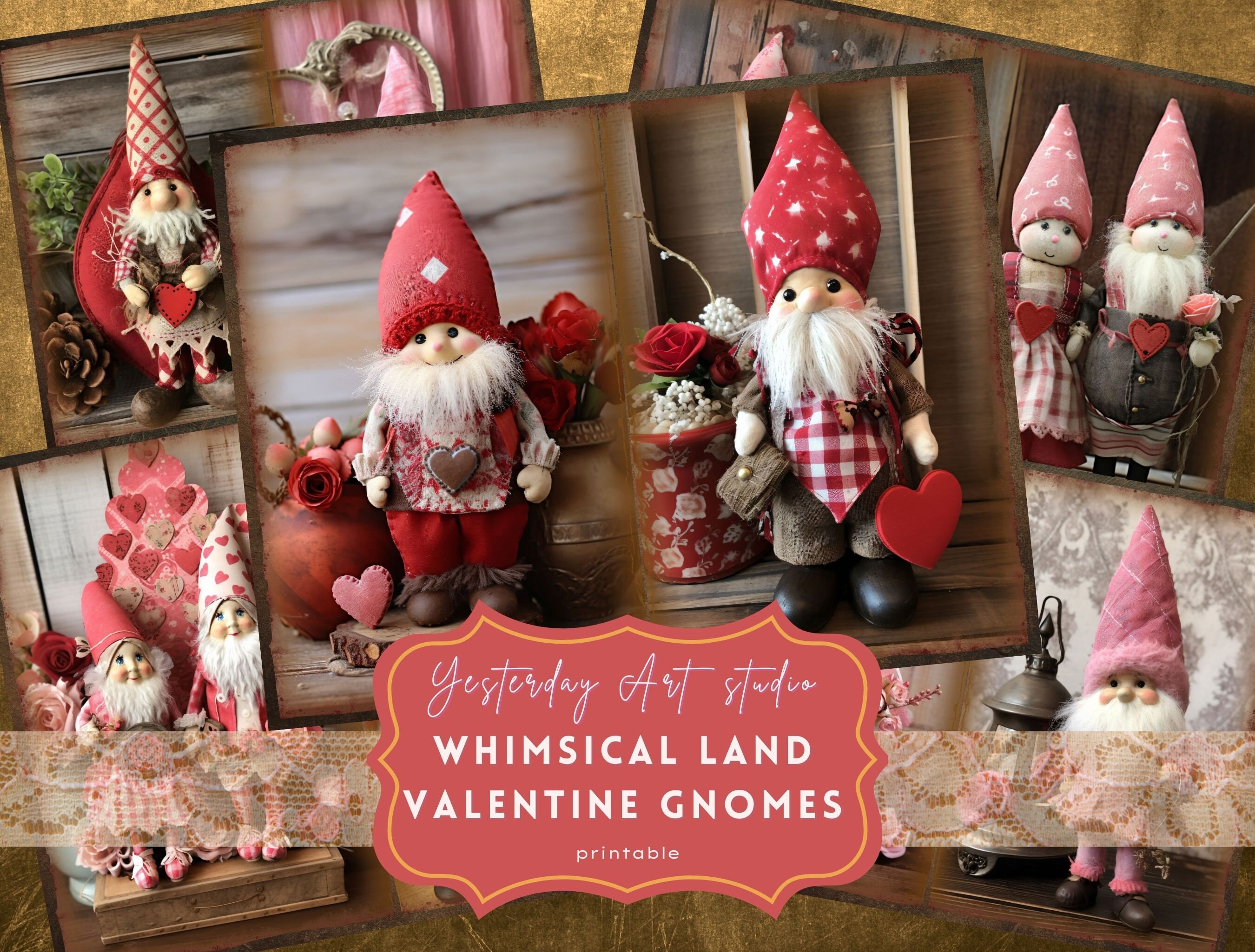 Valentine Gnomes Junk Journal Page Ephemera Digital Scrapbook Valentine Paper Kit Collage Valentines Junk Journal Kit Valentines Day Gnomes