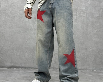 Star Baggy Jeans , Vintage Jeans For Man , Y2K Jeans , Loose Fit ,   High Waisted Denim Pants , Man's Denim Jeans