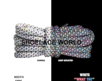Cordones reflectantes premium blancos "What The" V2 de 47 pulgadas, 5 mm, compatibles. 350 cordones de repuesto de colores. Envío desde EE. UU. al día siguiente.
