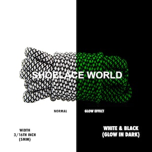White & Black Glow In Dark Rope Shoelaces 3/16 Inch Two Tone Dual Pattern Classic Laces Ships Out From The USA Next Day