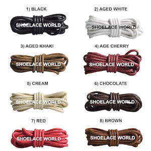 May include: A collection of eight different colored shoelaces, including black, aged white, aged khaki, age cherry, cream, chocolate, red, and brown. Each bundle is labeled with its color and the text "SHOELACE WORLD".