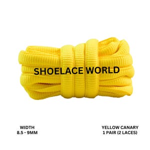 May include: Bright yellow shoelaces, labeled "Shoelace World." The laces are a vibrant canary yellow color. The width is 8.5-9mm. The image shows one pair of laces.