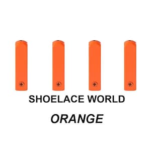 May include: Four rectangular orange shoelace tips, each featuring a small screw at the bottom. The text SHOELACE WORLD and ORANGE is printed in black below the items. These components are designed for securing shoelace ends with a screw mechanism.