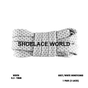 Grey / White Honeycomb Two Tone Flat Shoelaces 8.5 - 9mm Colorful Pattern Laces Ships Out From The USA Next Day