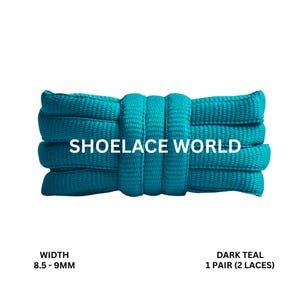 May include: Dark teal shoelaces from Shoelace World. The image shows a bundle of teal shoelaces with a width of 8.5-9mm. The text "SHOELACE WORLD" is displayed in white. The product is 1 pair (2 laces).