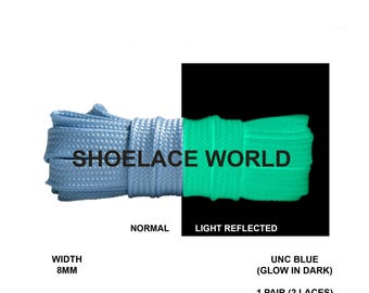 UNC Blue Glow In Dark Flat Shoelaces 5/16 Inch 8mm Luminous Laces Ships Out From The USA Next Day
