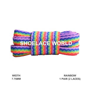 May include: Rainbow shoelaces with the text "SHOELACE WORLD" in white. The shoelaces are a vibrant mix of colors, including red, orange, yellow, green, blue, and purple. The width of the shoelaces is 7.75mm.