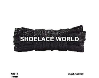Black Flat Glitter Wide 10mm Shoelaces Shiny Laces Ships Out From The USA Next Day