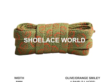 Olive / Orange Smiley Print Flat Shoelaces 8mm Colorful Printed Laces Ships Out From The USA Next Day
