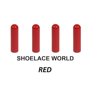 May include: Four identical cylindrical red plastic aglets arranged in a horizontal row. Below the aglets, the text reads SHOELACE WORLD and RED in a bold, black, sans-serif font against a plain white background.