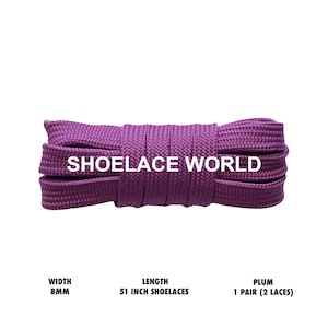 May include: Plum-colored shoelaces, 51 inches long and 8mm wide, are displayed against a white background. The text "SHOELACE WORLD" is printed across the laces. The product is labeled as "PLUM 1 PAIR (2 LACES)".