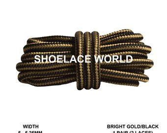 Bright Gold / Black Round Work Boots Shoelaces 5-5.25mm Classic Colorful Boot Laces Ships Out From The USA Next Day