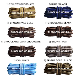 May include: Eight pairs of round, braided shoelaces arranged in a grid, each labeled with a number and color combination. The text SHOELACE WORLD is printed on each bundle. Colors include yellow, chocolate, blue, black, brown, gold, fog, ice, and white.