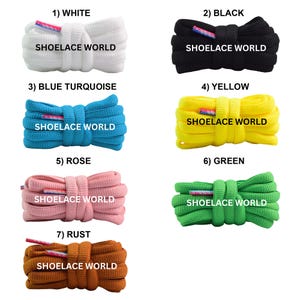 May include: A collection of shoelaces in various colors, including white, black, blue turquoise, yellow, rose, green, and rust. Each pair is tied in a bow and features the text "SHOELACE WORLD".