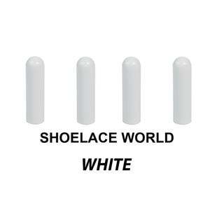 May include: Four identical white cylindrical aglets with rounded tops arranged in a horizontal row. Below the aglets, the text reads SHOELACE WORLD and WHITE in a bold, black, sans-serif font against a plain white background.