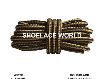 Gold / Black Round Work Boots Shoelaces 5-5.25mm Classic Colorful Boot Laces Ships Out From The USA Next Day