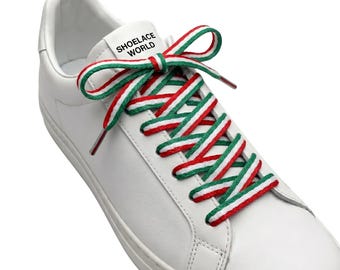 Green / White / Red 45 Inches Multicolor Flat Shoelaces 10mm Colorful Pattern Laces Ships Out From The USA Next Day