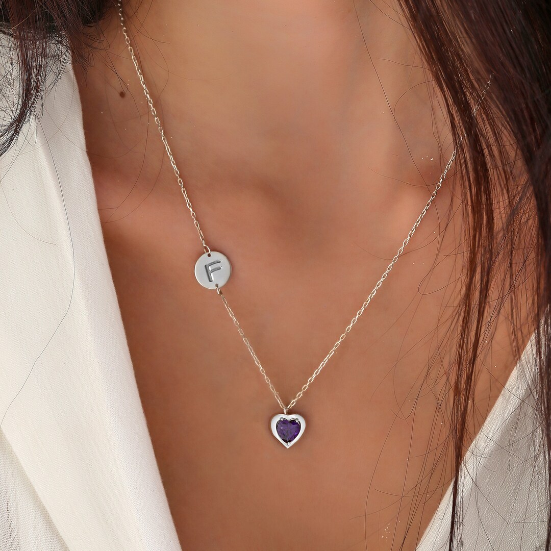 Minimalist Christmas Jewelry With Monogram Charm, Heart Birthstone