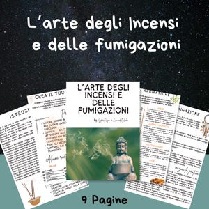 以下が含まれることがあります： 「L'arte degli Incensi e delle Fumigazioni」というタイトルのカラフルなガイドで、9ページあります。ガイドには、お香の煙がボウルから立ち上っている仏像が描かれています。ガイドには、お香の作り方、お香の使い方、お香の利点に関する説明が記載されています。