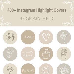 May include: Beige aesthetic Instagram highlight covers with various icons, including a globe, heart, palm tree, flowers, cat, shopping bag, succulent, leaves, sun, rose, mountains, cactus, running person, and a cup of coffee.