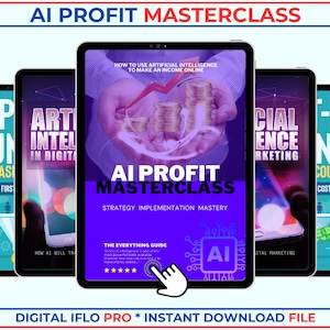 May include: Four digital e-books with covers featuring a purple, blue and red colour scheme. The covers feature text such as "AI Profit Masterclass", "The Op Fun Crash", "Artificial Intelligence in Digital Marketing", and "Social Science Marketing".