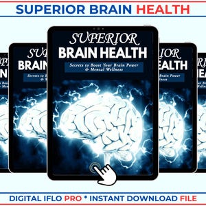 Op de afbeelding: Een digitale ebook-omslag met een blauwe achtergrond en een gloeiend wit breinbeeld. De titel is "Superior Brain Health: Secrets to Boost Your Brain Power & Mental Wellness".