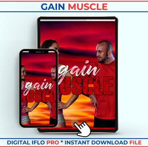 May include: A digital e-book titled GAIN MUSCLE displayed on a tablet and a smartphone screen. The cover features a person in a red shirt and another in a pink top against a sunset background. The text GAIN MUSCLE is written in white and red.