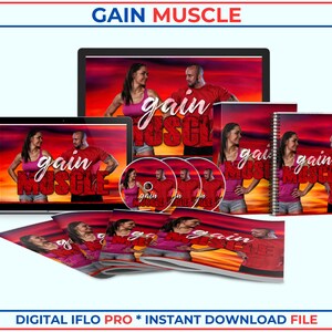 May include: A digital product bundle titled GAIN MUSCLE featuring a laptop, three discs, a spiral-bound notebook, and several brochures. All items display a sunset background with a person in a pink top and a person in a red shirt, with the text GAIN MUSCLE.