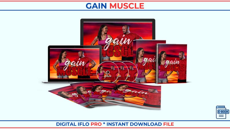 May include: A digital product bundle titled GAIN MUSCLE featuring a laptop, three discs, a spiral-bound notebook, and several brochures. All items display a sunset background with a person in a pink top and a person in a red shirt, with the text GAIN MUSCLE.