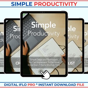 Op de afbeelding: Een digitale productcover voor een e-book met de titel "Simple Productivity: Simple Steps and Techniques You Can Implement To Get More Done Even If You're Short on Time". De coverafbeelding toont een laptop, een notitieboekje en een hand die een pen vasthoudt.