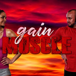 May include: A digital graphic featuring a person in a pink vest top and grey shorts standing next to a person in a red t-shirt and black shorts. The text "gain MUSCLE" is centred in the middle, and a small "E-BOOK" icon is in the top right corner.