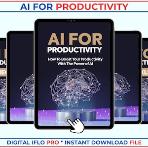 Könnte beinhalten: Ein digitales E-Book-Cover mit dem Titel "AI For Productivity: How To Boost Your Productivity With The Power of AI". Das Cover zeigt ein stilisiertes Bild eines Gehirns mit einem Netzwerk von Verbindungen vor einem lila und schwarzen Hintergrund.
