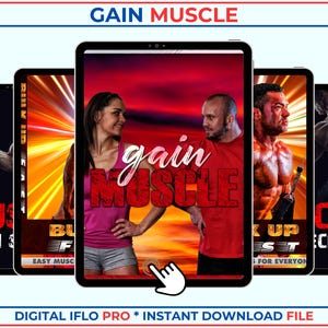May include: A digital e-book titled GAIN MUSCLE featuring multiple tablet screens displaying fitness content. The central screen shows a person in a pink tank top and a person in a red t-shirt with the text gain MUSCLE. Includes digital download info.