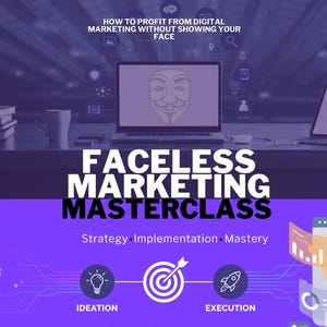 Könnte beinhalten: Eine Grafik für eine Masterclass im digitalen Marketing mit einem Laptop, einem Maskensymbol, dem Text HOW TO PROFIT FROM DIGITAL MARKETING WITHOUT SHOWING YOUR FACE, FACELESS MARKETING MASTERCLASS sowie Ideations- und Ausführungssymbolen.