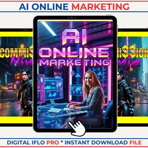 Peut inclure: Un ensemble de produits numériques comprenant six livres sur le marketing en ligne par l'IA. La couverture de chaque livre présente un design futuriste avec des couleurs néon et du texte qui lit "AI Online Marketing", "Commission Ninja" et "Master Art Creation with AI".